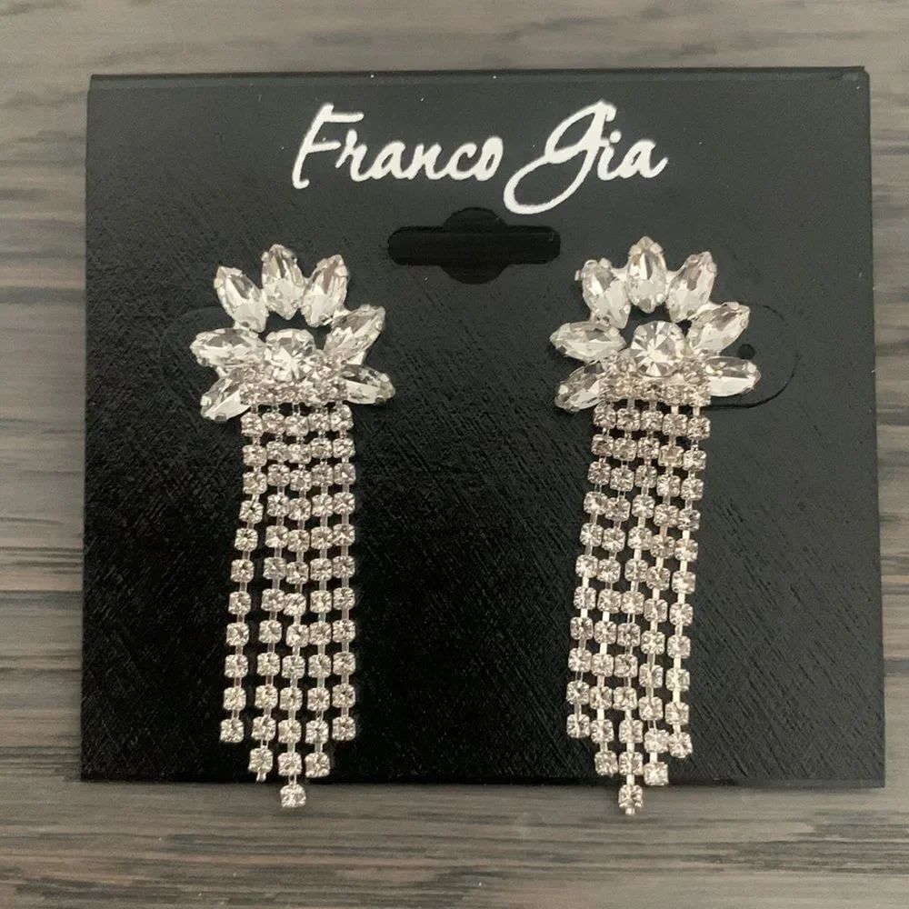 Fringe Crystal Flower Drop Earrings Silver Tone Franco Gia
